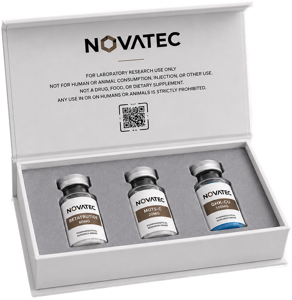 NOVATEC pharmaceutical research grade presentation box with three single-dose peptide vials