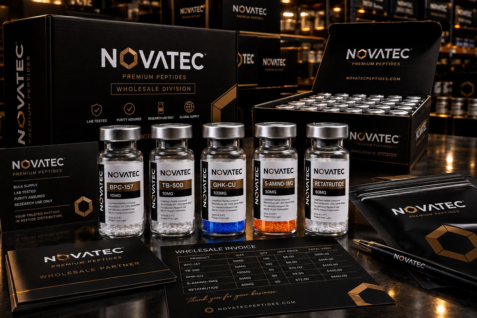 NOVATEC distribution operation — wholesale product range prepared for dispatch.